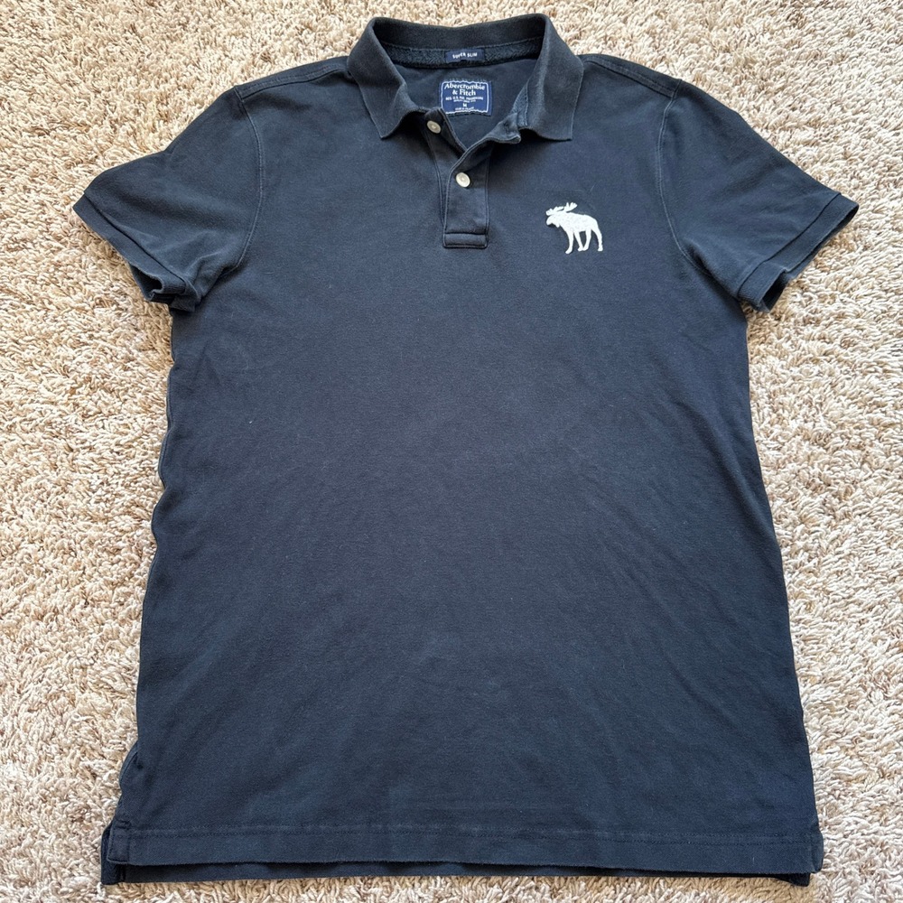 Abercrombie & Fitch Mens Super Slim Fit Polo Shirt Navy Blue Moose Logo Medium